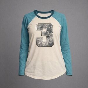 American Eagle Raglan Baseball Tee Teal Ivory Floral Graphic Number 3 XS